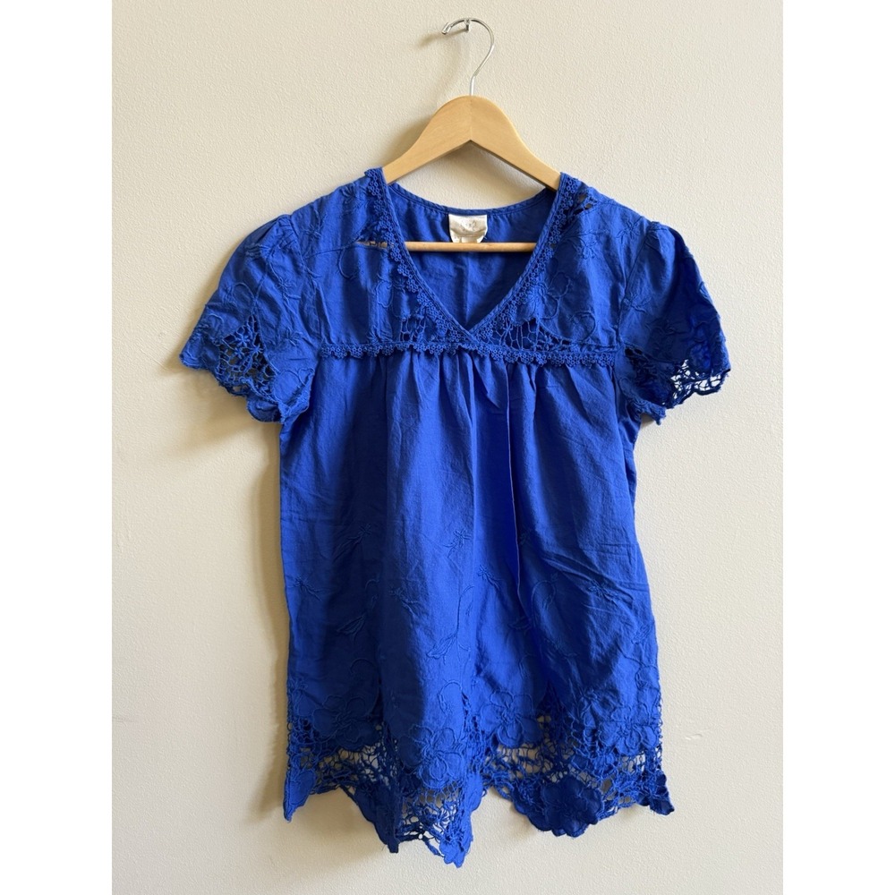 Anthropologie Vanessa Virginia Size 8 Top Blue Lace Embroidered Accent Tunic